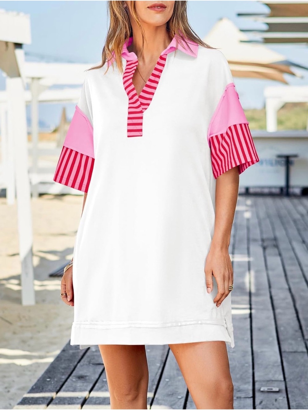 Women's White & Pink Striped Polo Dress